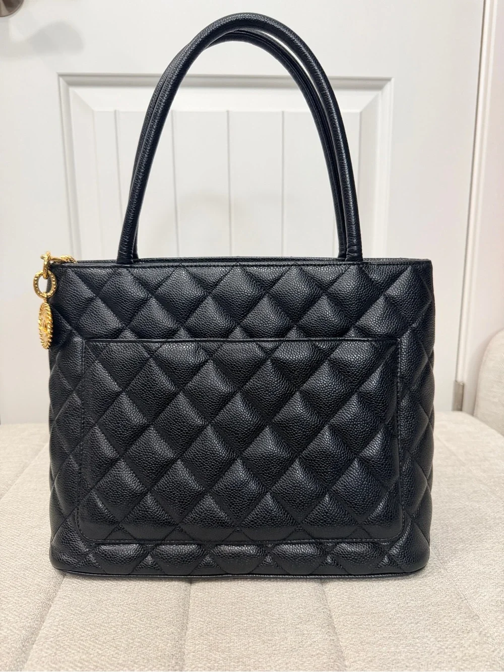 Vintage CHANEL Black Quilted Caviar Medallion Tote 24K gold-plated hardware
